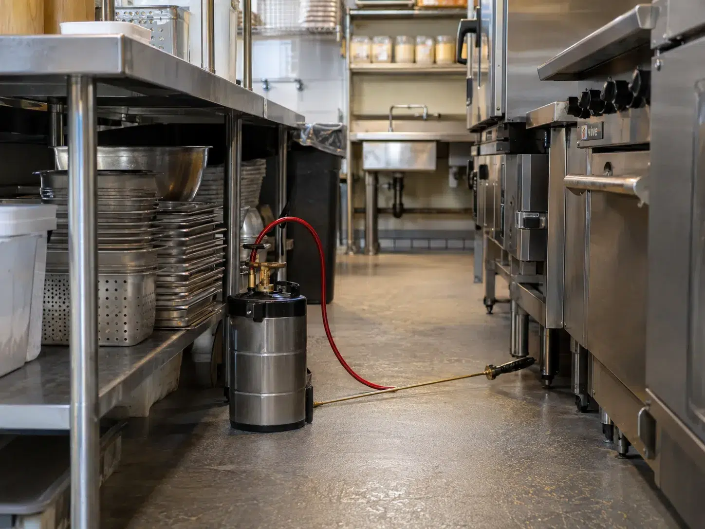 Pest control sprayer between stainless benches and cooking equipment in a commercial kitchen